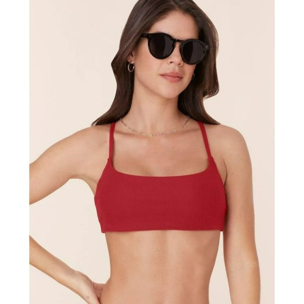 Andie The Maui Red Chili Ribbed Medium Bikini‎ Top Swimming